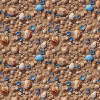 Seamless pattern: sea shells and pebbles on sand. Realistic 3D illustration. Generated AI
