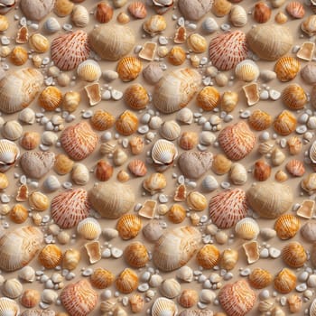 Seamless pattern: sea shells and pebbles on sand. Realistic 3D illustration. Generated AI