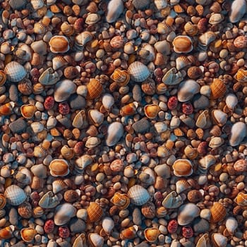 Seamless pattern: sea shells and pebbles on sand. Realistic 3D illustration. Generated AI