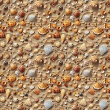 Seamless pattern: sea shells and pebbles on sand. Realistic 3D illustration. Generated AI