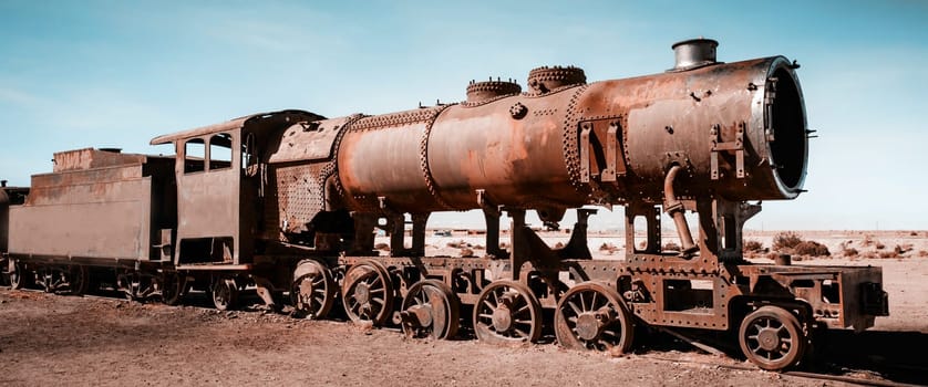 Old rusty steam trains near Uyuni in Bolivia. Cemetery trains.