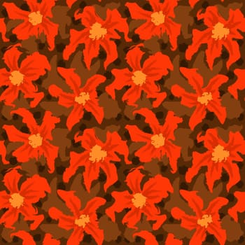 Hand drawn seamless pattern of colorful red orange brown flowers, summer spring floral print. Bright vibrant modern loose bloom blossom, trendy abstract botanical design, daisy lily petal for textile wrapping paper