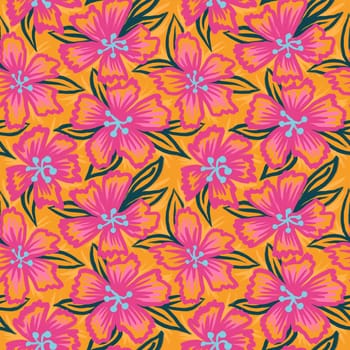 Hand drawn seamless pattern of colorful pink orange flowers, summer spring floral print. Bright vibrant modern loose bloom blossom, trendy abstract botanical design, daisy lily petal for textile wrapping paper