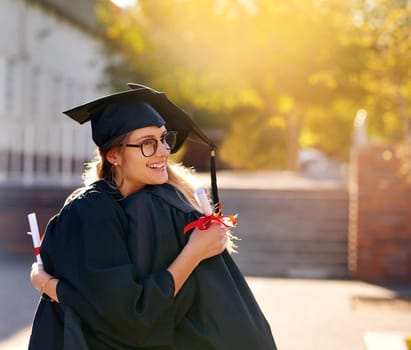 Women, students and hug at graduation as college or university friends with achievement. Happy people outdoor to celebrate education goals, certificate of success or future at school event with pride.