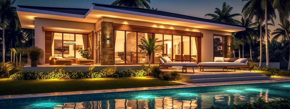 luxury villa with pool, illuminated at night, concept of life of rich successful people, exclusive real estate for sale, made with Generative AI.