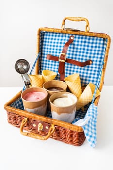 Ice cream suitcase. Takeaway ice cream - a box with different types of ice cream - a spoon, a waffle glass, a checkered napkin. Vertical photo