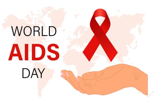 World AIDS Day. Hand holding hand and red awareness ribbon. Banner, poster