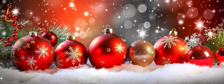 Christmas decorations, glass banks for a tree, banner with copy space, made with Generative AI. High quality illustration