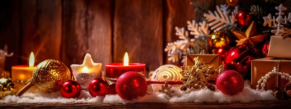 Christmas decorations, glass banks for a tree, banner with copy space, made with Generative AI. High quality illustration