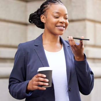 Black woman, phone call and speaker with smartphone and networking with coffee, virtual meeting on coffee break. Communication, technology and business woman with corporate discussion, phone and 5g