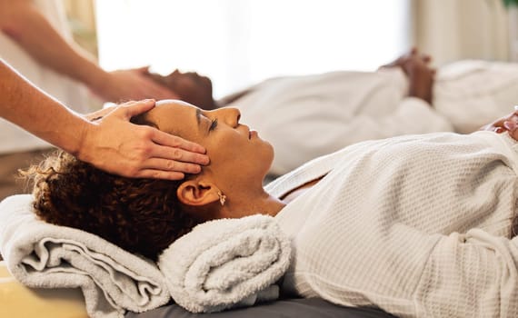 Couple, spa and head massage sleep with facial, skincare and luxury skin wellness treatment. Cosmetic therapy, healthy and zen scalp healing of a beauty therapist relax and calm for wellbeing.