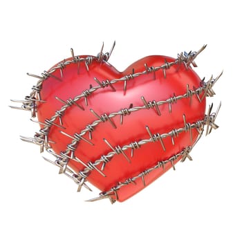 Heart surrounded by barbed wire 3D rendering illustration isolated on white background