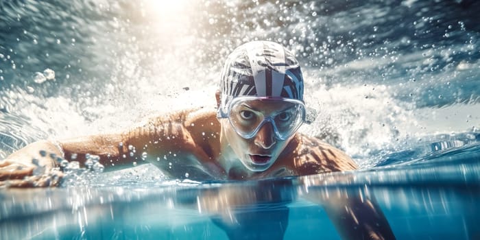 close-up of a swimmer competing in a pool, made with Generative AI. High quality illustration