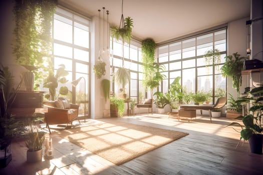 interior of a modern open space room in house with large windows, made with Generative AI. High quality illustration