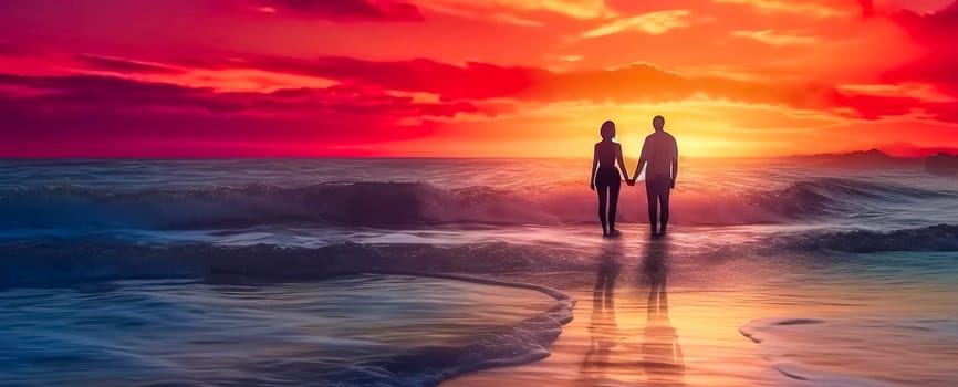 couple in love on the ocean shore at sunset, banner with copy space, made with Generative AI. High quality illustration