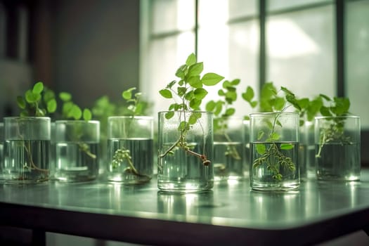 plants in the laboratory in glass bottles, research and cultivation of genetically modified plants, made with Generative AI.