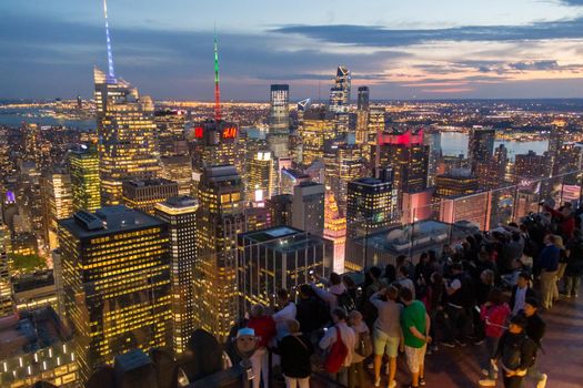 NEW YORK, USA - MAY 15, 2019: Aerial view of New York city at night, Manhattan, the USA