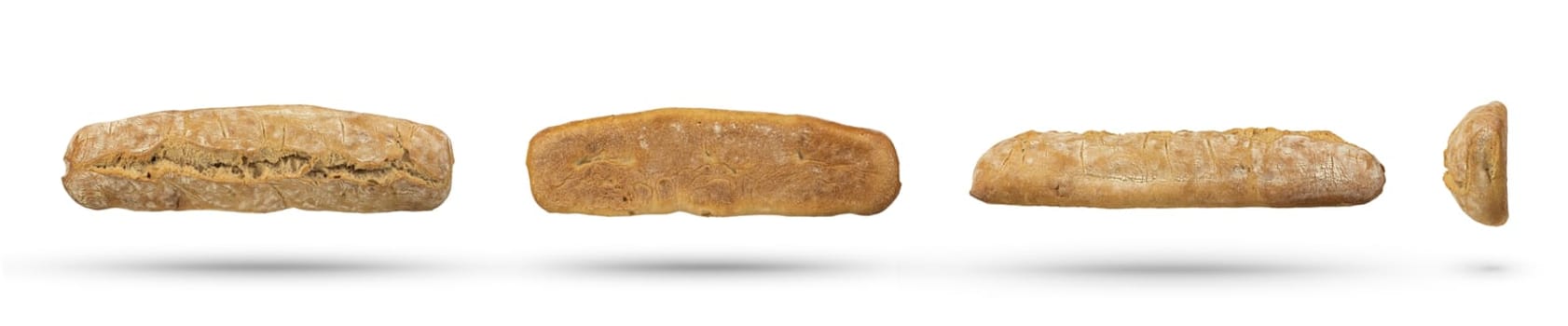 Set of loaves of fresh ciabatta bread from all sides on a white isolated background. A whole loaf of bread for a design or project from different angles on a white background. Italian pastry concept