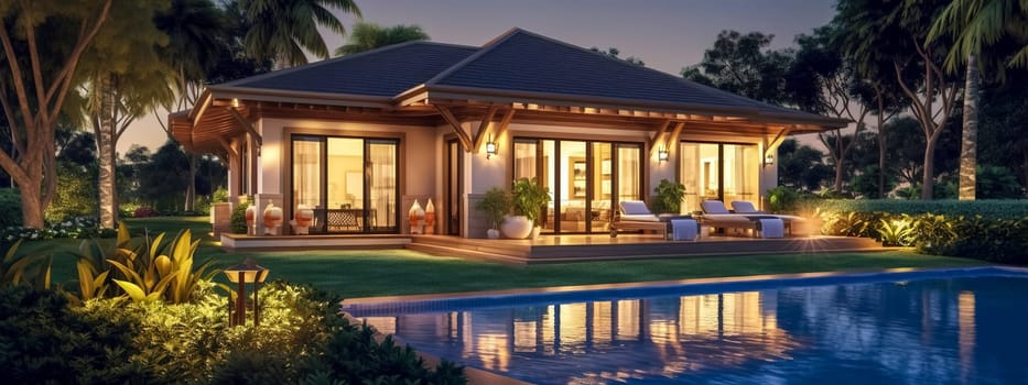 luxury villa with pool, illuminated at night, concept of life of rich successful people, exclusive real estate for sale, made with Generative AI.