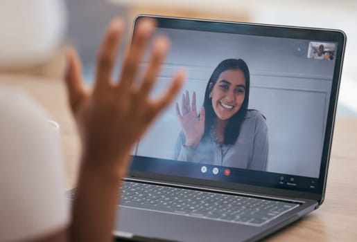 Laptop, wave and women on a video call for a digital business meeting, coaching and online mentorship training. Smile, communication and happy friends networking, talking and speaking on the internet.