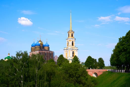 Ryazan, Russia - May 22, 2023: View of the cathedral and the bell tower of the Ryazan Kremlin