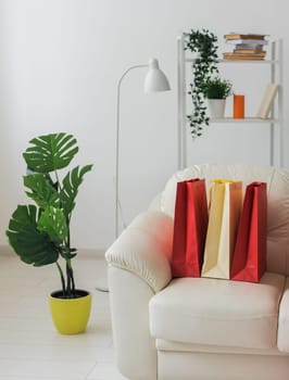 Colorful shopping bags on sofa in living room - shopping addiction and online sale