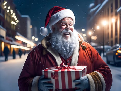 Happy Santa Claus outdoors in snowfall holding gifts for children. Generative Ai.