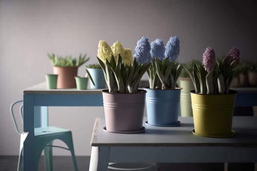 Several iron multicolored pots with a variety of flowering hyacinths stand on a light table, indoor. Ai generative. Close up