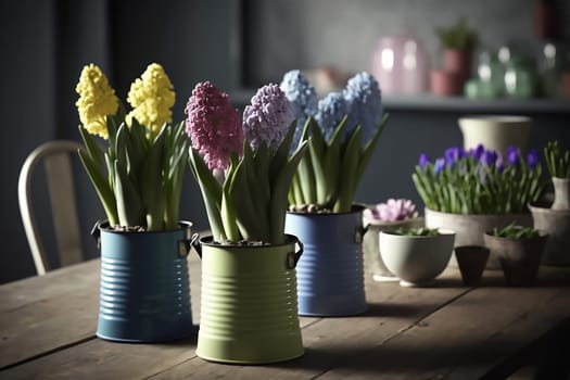 Several iron multicolored pots with a variety of flowering hyacinths stand on a light table, on kitchen. Ai generative. Close up