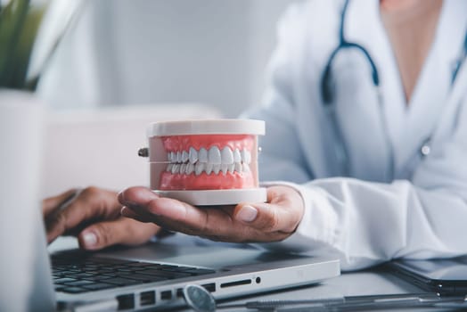 Dentist woman hand holding educational jaw model of oral cavity with teeth at workplace, female doctor sitting and hold tooth on desk at clinic office have laptop computer, dental concept