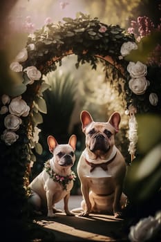 A pair of white French bulldogs, sitting on a sunny day, in the garden, under a white flower arch. Ai generative. Vertical. Copy space