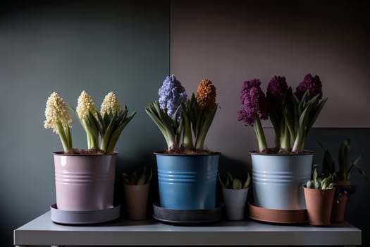 On a light table there are three iron multicolored pots with a variety of flowering hyacinths. Ai generative. Close up