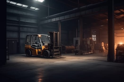 distribution cargo delivery logistic vehicle transportation stockpile machine truck warehouse facility loading storage industry shipping box handling rack moving forklift. Generative AI.