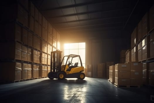 delivery unloading vehicle shipping rack container forklift storage sun commercial warehouse operator stacking logistic facility transportation cargo machine distribution box. Generative AI.