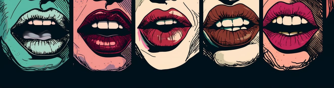 grunge woman face modern lipstick retro style poster lips kiss halftone glossy art illustration abstract mouth white female glamour print shape. Generative AI.