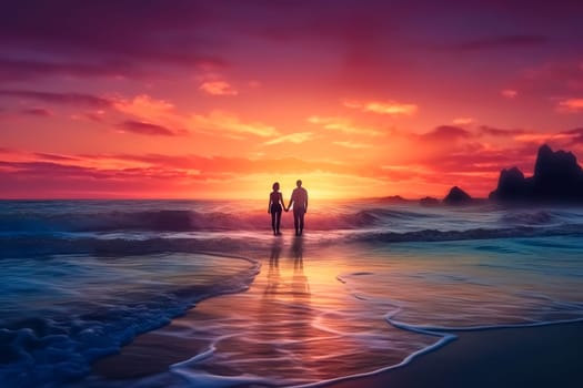 couple in love on the ocean shore at sunset, made with Generative AI. High quality illustration