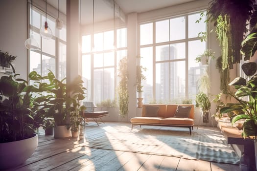 interior of a modern open space room in house with large windows, made with Generative AI. High quality illustration