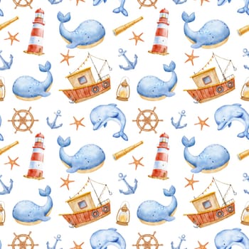 Cute watercolor nautical seamless pattern with sea animals characters and boat. Funny ocean background for kids