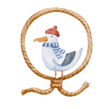 Cute seagull character in rope isolated on white. Watercolor nautical illustration for kids and childish card