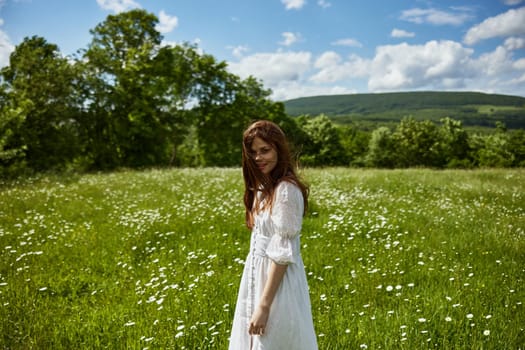 portrait of a woman in a light dress in a chamomile field turning her face away from the camera. High quality photo