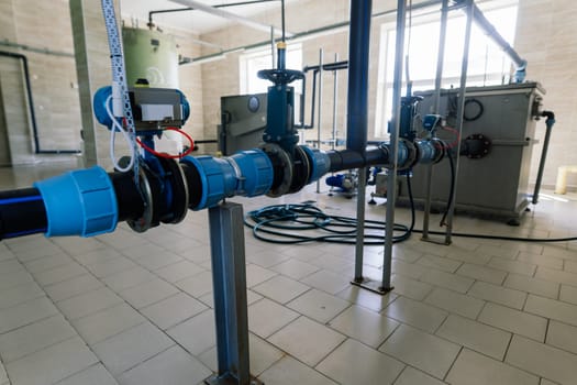 Pressure sensor in an industrial boiler room. Barometer in a heating system. Close-up.