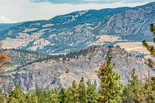 View on mountain tops in Myra canyon of Okanagan valley.