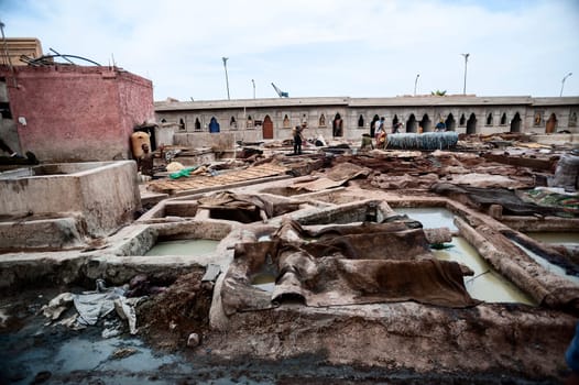 MARRAKECH, MOROCCO 09/11/2013 - View of Leather traditional tannery in medina of Marrakesh