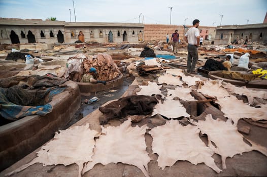 MARRAKECH, MOROCCO 09/11/2013 - View of Leather traditional tannery in medina of Marrakesh