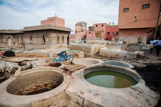 MARRAKECH, MOROCCO 09/11/2013 - View of Leather traditional tannery in medina of Marrakesh