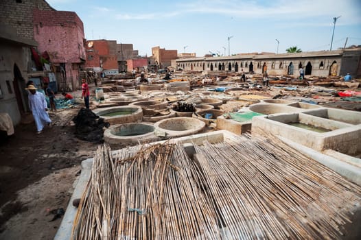 MARRAKECH, MOROCCO 09/11/2013 - View of Leather traditional tannery in medina of Marrakesh