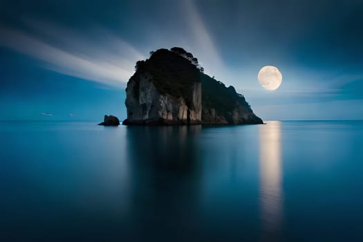 Moonlight in ocean landscape. The ocean stretches out as far as the eye can see, its surface a canvas of deep, midnight blue. AI generated image