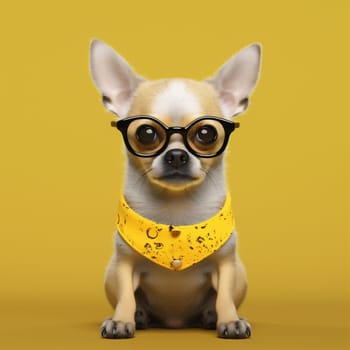 pedigree dog pet sunglasses purebred yellow friend chihuahua fashion puppy glasses eyeglass happy mammal concept canine cute animal portrait collar background. Generative AI.
