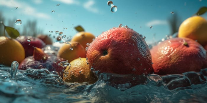 white water food berry grape background drop natural splash fresh clean vitamin splashing lemon healthy copy space citrus fruit green banana strawberry. Generative AI.