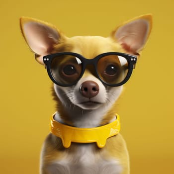 sunglasses dog chihuahua funny pedigree animal tie cute purebred canine friend puppy adorable isolated pet background eyeglass yellow portrait wear glasses. Generative AI.